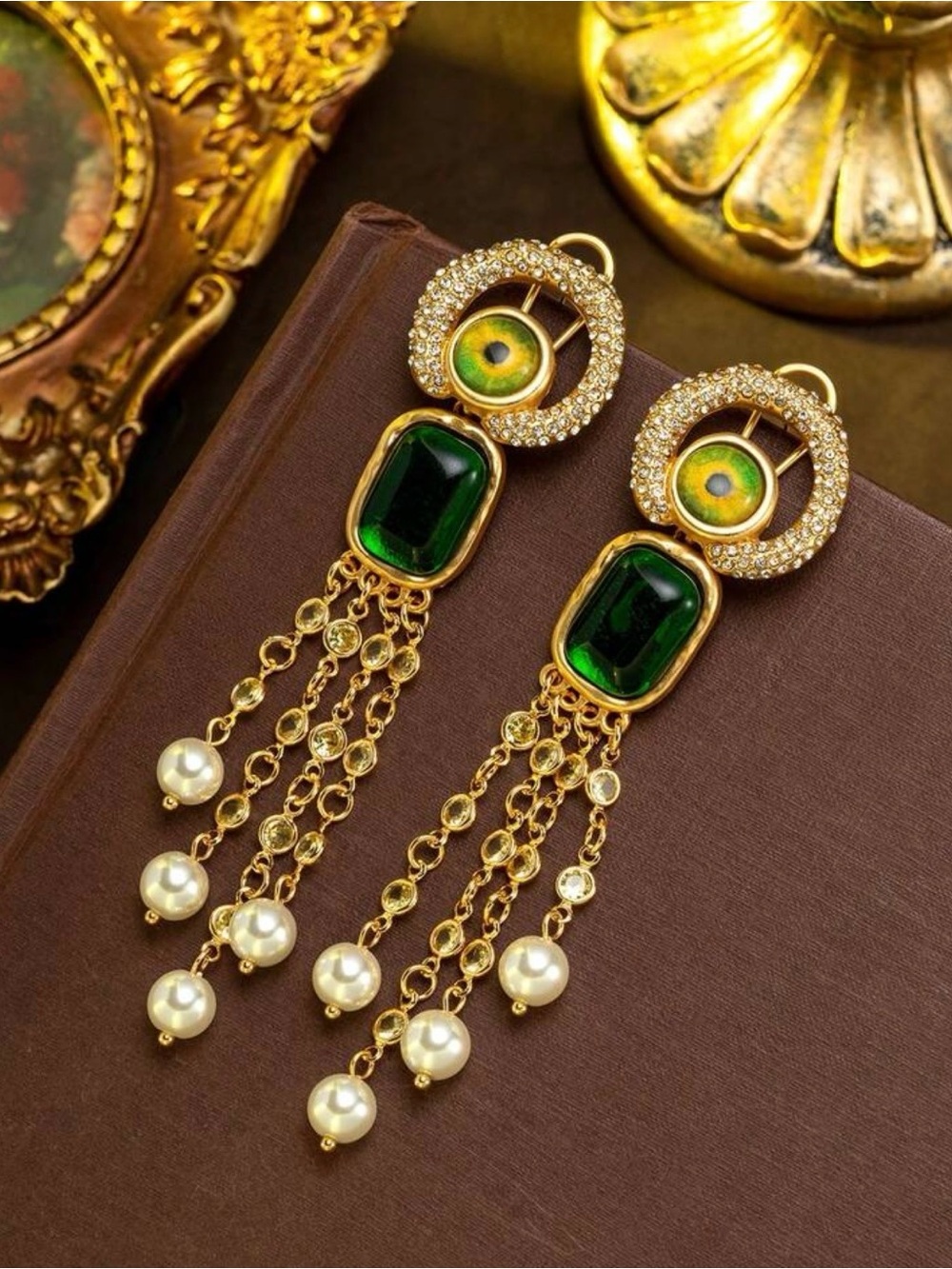 Schiaparelli Inspired Gold-Tone Green Gem & Pearl Fringe Earrings